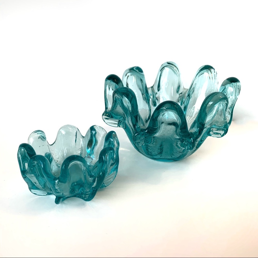 Hand-Blown Teal Glass Decorative Bowls - Set of 2